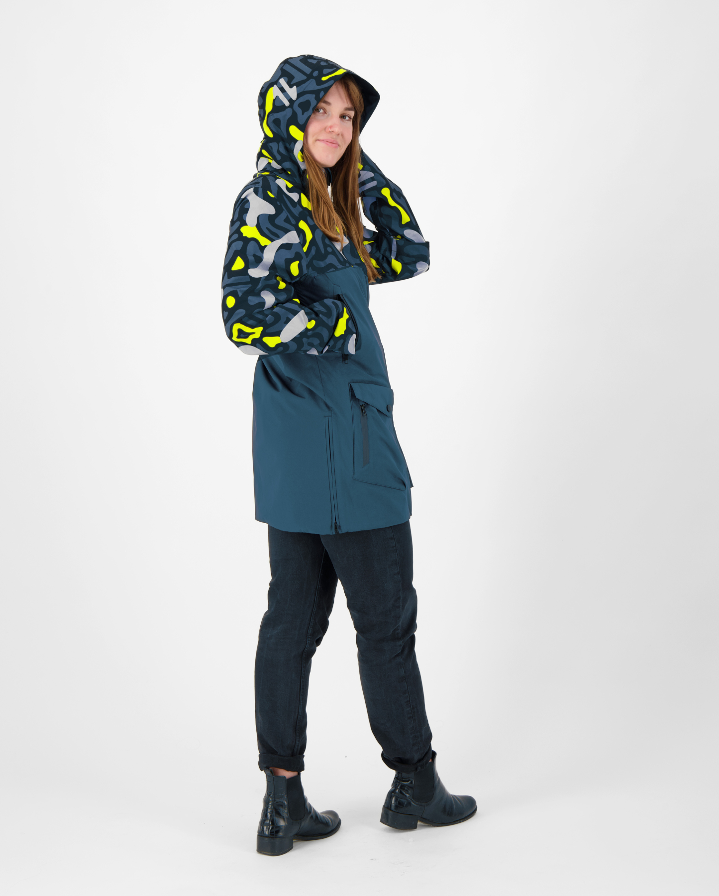 parka imperméable vélo à motifs graphiques bleue avec capuche amovible